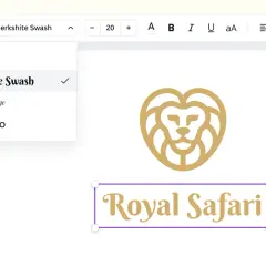 Program do wklejania logo na zdjęciach. Wybierz font "Berkshire Swash" dla tekstu "Royal Safari", by nadać mu królewski styl.