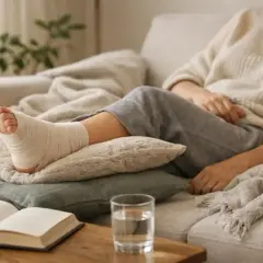 Osoba z zabandażowaną stopą leży na kanapie, z nogą opartą na poduszkach.