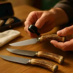 Man limpia un cuchillo con mango de asta de ciervo. Otros dos cuchillos similares yacen sobre la mesa, junto a un frasco de aceite y un cepillo.