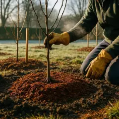 Un jardinier aux gants jaunes plante un jeune pommier. Le paillis brun entoure la base de l'arbre, prêt pour la plantation.