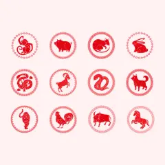Czerwone, stylizowane chińskie znaki zodiaku: małpa, świnia, szczur, królik, smok, koza, wąż, pies, tygrys, kogut, wół, koń.