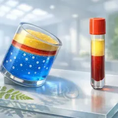 Warstwowe płyny w szkle i probówce, symbolizujące zaburzenia elektrolitowe, jak hiponatremia.