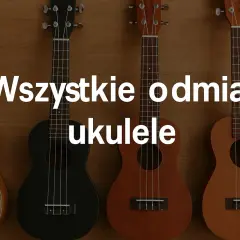 Cztery ukulele w różnych kolorach: jasne, czarne, brązowe i ciemnobrązowe. To małe, czterostrunowe instrumenty, które są świetne do nauki gry.