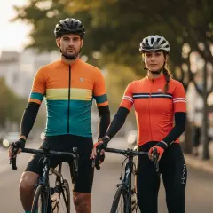 Para rowerzystów w kaskach i strojach kolarskich, gotowych do jazdy. Idealny przykład, jak się ubrać na rower.