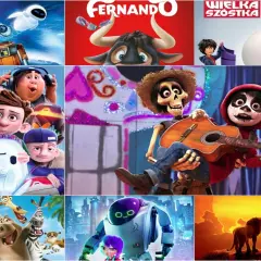 Kolaż plakatów z filmami animowanymi: WALL-E, Ferdinand, Wielka Szóstka, Ron Usterka, Coco, Madagaskar, Król Lew. Idealne filmy dla 5 latka.
