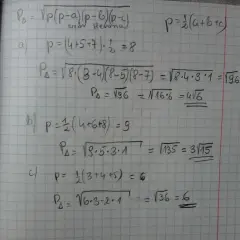 Wzór Herona do obliczania pola trójkąta. Przykład a: p=8, PΔ=√96=4√6. Przykład b: p=9, PΔ=√135=3√15. Przykład c: p=6, PΔ=√36=6.
