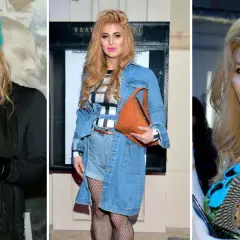 Trzy ujęcia Rafalali w stylizacjach inspirowanych Belmondo: w turkusowej czapce, dżinsowym komplecie i letniej sukience.