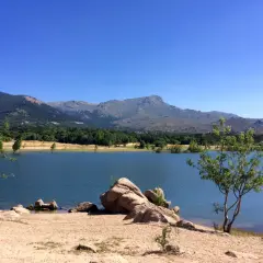 Tranquilo embalse de Navacerrada con montañas al fondo y rocas en la orilla.