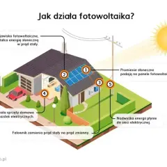 Schemat działania fotowoltaiki: słońce (1) pada na panele, generując prąd stały (2). Falownik (3) zamienia go na zmienny, zasilając dom (4) lub oddając nadwyżkę do sieci (5). Natężenie pola elektrycznego jest kluczowe.