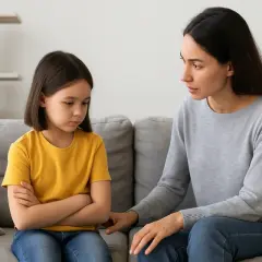 Madre habla con su hija, mostrando disciplina positiva. La niña, con los brazos cruzados, escucha atentamente.