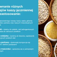 Różne rodzaje kasz: pęczak, wiejska, perłowa i mazurska, z opisem ich zastosowań w kuchni.