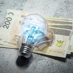 Żarówka z polskimi banknotami 200 zł w środku symbolizuje oszczędność. Dowiedz się, w jakich godzinach tańszy prąd, by obniżyć rachunki.