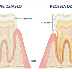 Porównanie zdrowego dziąsła z recesją dziąsła, która odsłania korzeń zęba. Zapalenie dziąseł może prowadzić do cofania się dziąseł.