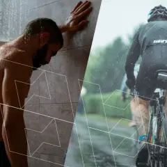 Zmęczony kolarz w deszczu i mężczyzna pod prysznicem – idealny relaks po treningu.
