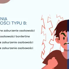 Zaburzenia osobowości typu B: antyspołeczne, borderline, histrioniczne, narcystyczne. Grafika przedstawia twarz podzieloną na dwie skrajności emocjonalne.