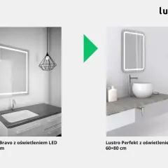 Dwa lustra LED w łazienkach: jedno nad umywalką z czarną ramą, drugie z zaokrąglonymi rogami.
