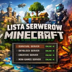 Lista serwerów Minecraft: Survival, Skyblock, Creative i Mini-Games. Bohaterowie w zbrojach i potwory w tle.