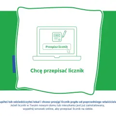 Grafika przedstawia ekran laptopa z przyciskiem "Przepisz licznik". Pod spodem napis "Chcę przepisać licznik". To instrukcja, jak złożyć wniosek o prąd.