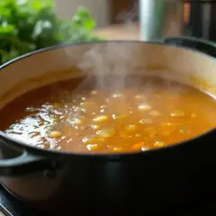 Gorący rosół bulgocze w garnku, parując apetycznie. Obok leżą marchewki i zielona natka. Idealny czas, by dowiedzieć się, ile gotować rosół.