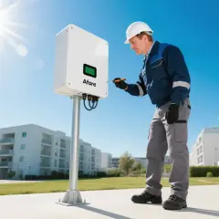 Instalator pracuje przy falowniku Afore, który przetwarza prąd z paneli słonecznych na prąd zmienny (ac).