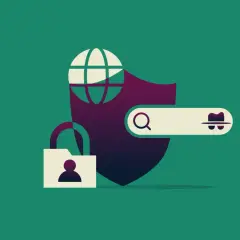 Ilustracja pokazuje jak zrobić VPN: globus, tarcza, kłódka z ikoną użytkownika i pasek wyszukiwania z ikoną kapelusza.