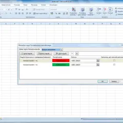 Excel: menedżer reguł formatowania warunkowego, gdzie komórki zmieniają kolor jeżeli wartość jest mniejsza lub większa od A1.