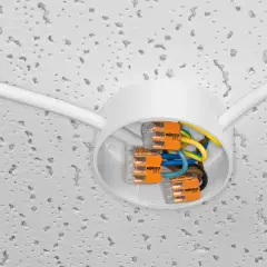 Szybka wymiana instalacji elektrycznej bez kucia. Biała puszka sufitowa z przewodami i złączkami WAGO 221.