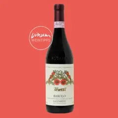 Eine Flasche Vietti Barolo Lazzarito 2018 mit roten Blumen auf dem Etikett, präsentiert von Vinum Weintipps.