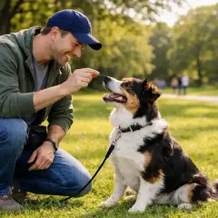 Ein Mann gibt seinem **labrador bellt** im Park ein Leckerli. Der Hund sitzt brav und schaut erwartungsvoll.