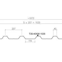 Przekrój arkusza blachodachówki T35-40XW-1035. Wymiary: ok. 1073 mm całkowitej szerokości, 5 modułów po 207 mm, wysokość fali 40 mm, szerokość fali 119 mm, grubość 34 mm.