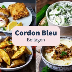 Cordon Bleu mit Kartoffelspalten, Gurkensalat und Kartoffelpüree. Köstliche Beilagen zum Cordon Bleu.