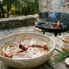 Côtes de porc marinées, prêtes pour le barbecue. Un pot de miel artisanal, du romarin et de l'ail complètent la scène.