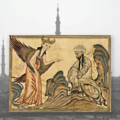 En ängel med vingar pekar på en man i turban. Bilden kan illustrera vem var Muhammed och hans möte med ängeln Gabriel.