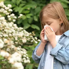 Niña con pañuelo en la nariz, rodeada de flores. Posiblemente sufre de alergia en niños.