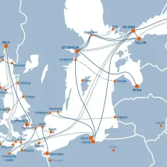 Mapa połączeń promowych: Gdańsk, Helsinki, Sztokholm, Tallinn, Ryga, Kopenhaga i inne porty Bałtyku.