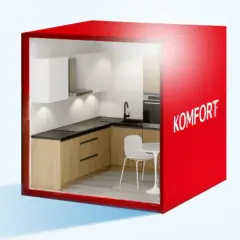 Nowoczesna kuchnia w czerwonym pudełku. Projekt oświetlenia podkreśla funkcjonalność i komfort.
