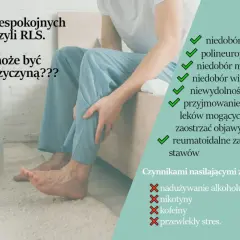 Człowiek z zespołem niespokojnych nóg (RLS) odczuwa dyskomfort. Obraz przedstawia potencjalne przyczyny i czynniki nasilające RLS.