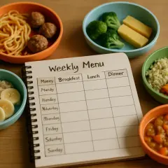 Zdrowe posiłki dla 11-miesięcznego dziecka: kaszka z bananem, klopsiki ze spaghetti, warzywa i owoce. Planowanie posiłków ułatwia dbanie o dietę malucha.