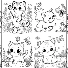 Ocho adorables gatitos para colorear, jugando con flores y mariposas. ¡Un mundo de diversión para pintar!