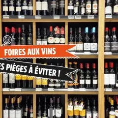 Des bouteilles de vin sur des étagères, avec un bandeau "Foires aux vins : les pièges à éviter !".