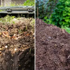 Kompostownik pełen resztek organicznych i gotowy do nawożenia ogrodu obornikiem. Obok widoczna łopata i widły.