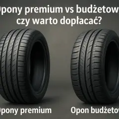 Dwa koła samochodowe: po lewej opona premium, po prawej budżetowa. Porównanie różnych marek opon.
