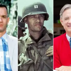 Trzy ujęcia Toma Hanksa: w białej marynarce, w mundurze wojskowym i w czerwonym swetrze. Ikona kina w filmach z Tomem Hanksem.