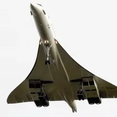 Concorde w locie, widok od dołu, z wysuniętym podwoziem.
