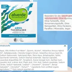 Alverde Aqua Tuchmaske mit Meeresalge. Enthält Sodium Levulinate für normale & Mischhaut. Naturkosmetik, vegan.