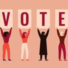 Vier Frauen halten Plakate mit den Buchstaben V, O, T, E hoch. Ein Symbol für den Kampf um das Frauenwahlrecht in Neuseeland.