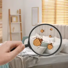 Une main tient une loupe révélant des punaises de lit sur un lit. Que le propriétaire ou le locataire soit responsable, l'infestation est visible.
