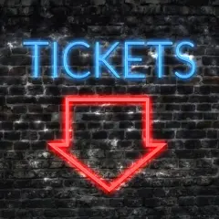 Napis "TICKETS" neonem w kolorze niebieskim i czerwona strzałka w dół na ceglanej ścianie.