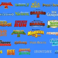 Kolekcja logotypów filmów studia DreamWorks: Kung Fu Panda, Shrek, Jak wytresować smoka, Madagascar, Antz, Puss in Boots i wiele innych.