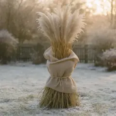 Ośnieżony ogród, a w nim pęczek trawy pampasowej w donicy, otulony jutą.